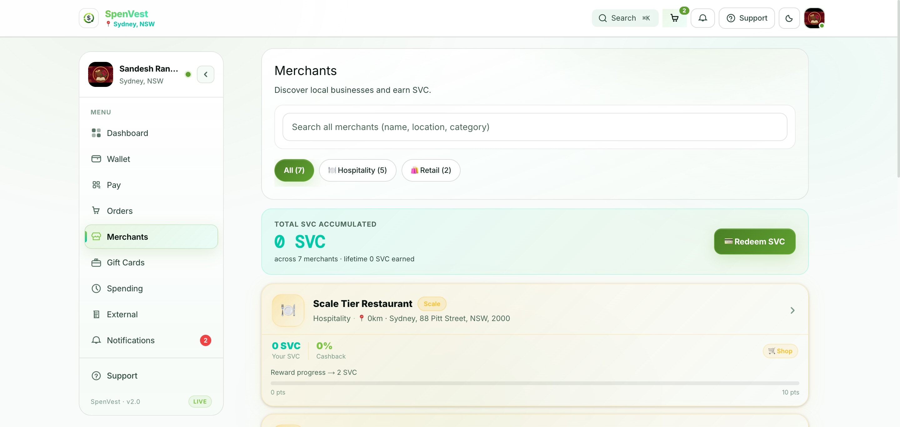 Browse merchants page showing participating merchants with categories, distance, and reward info