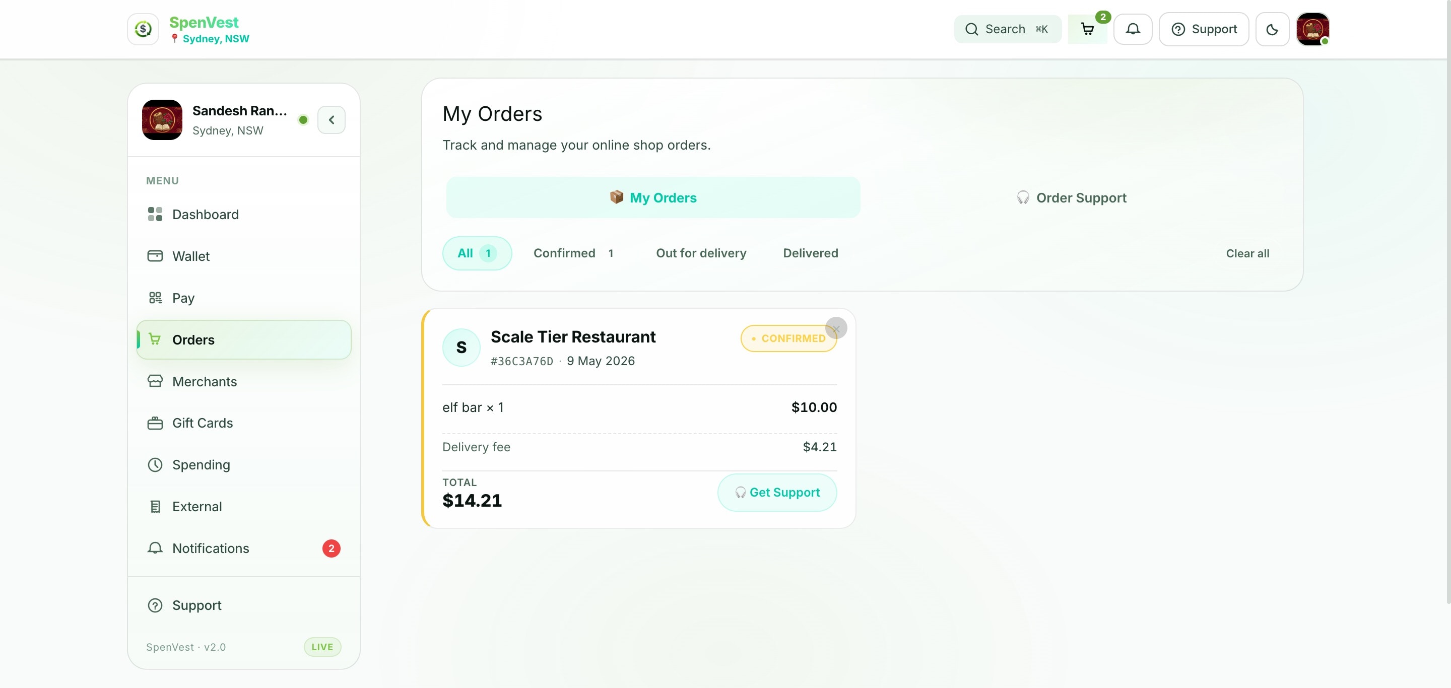 Order history page showing recent orders with status, merchant name, and order details