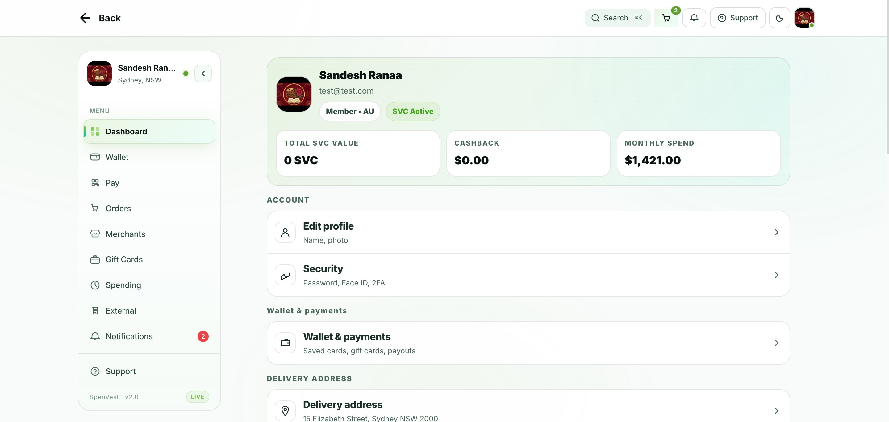SpenVest customer profile and account settings screen