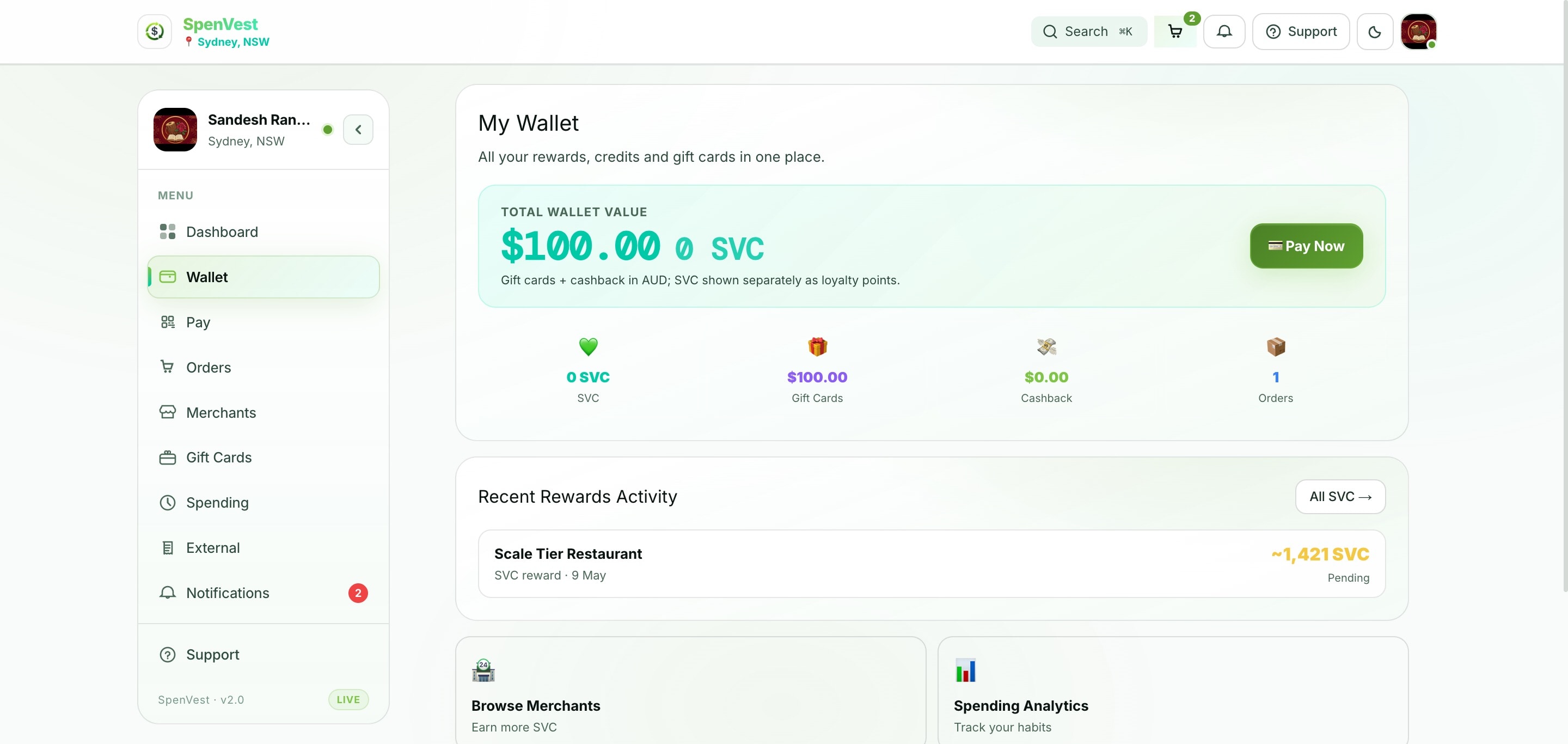 SpenVest wallet showing total value, SVC, gift cards, cashback breakdown, and recent rewards activity