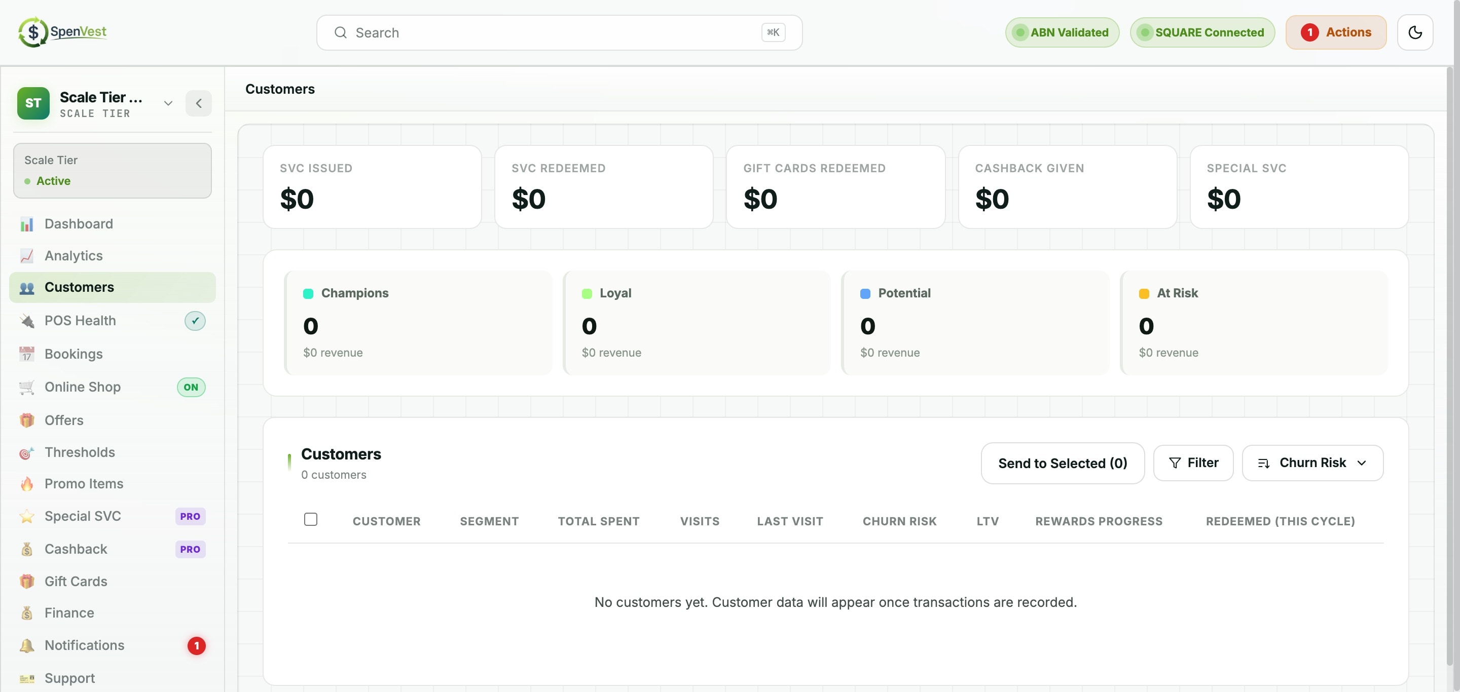Merchant Customer Insights showing customer segments, SVC issued, and retention metrics