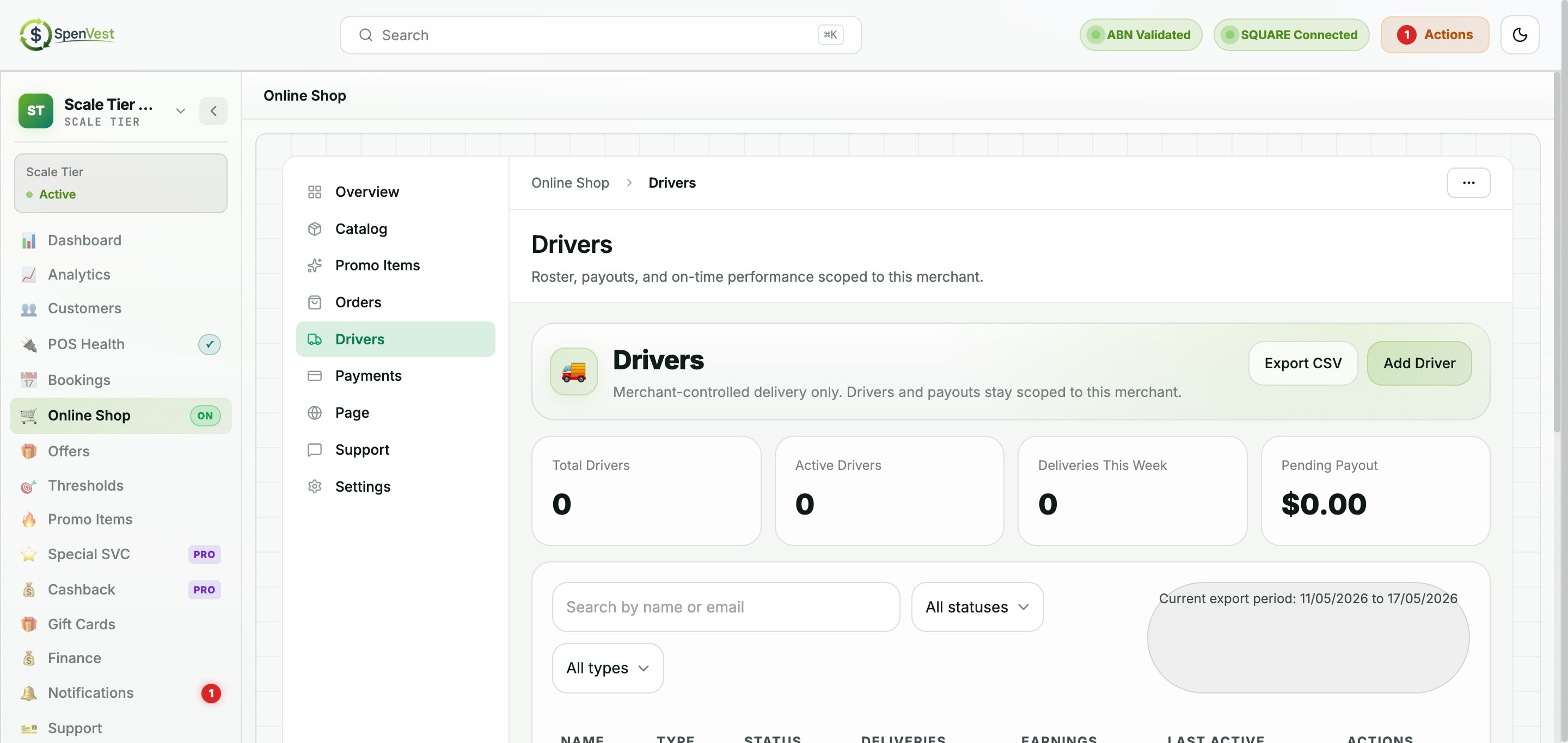 Driver management page showing driver roster and delivery assignments