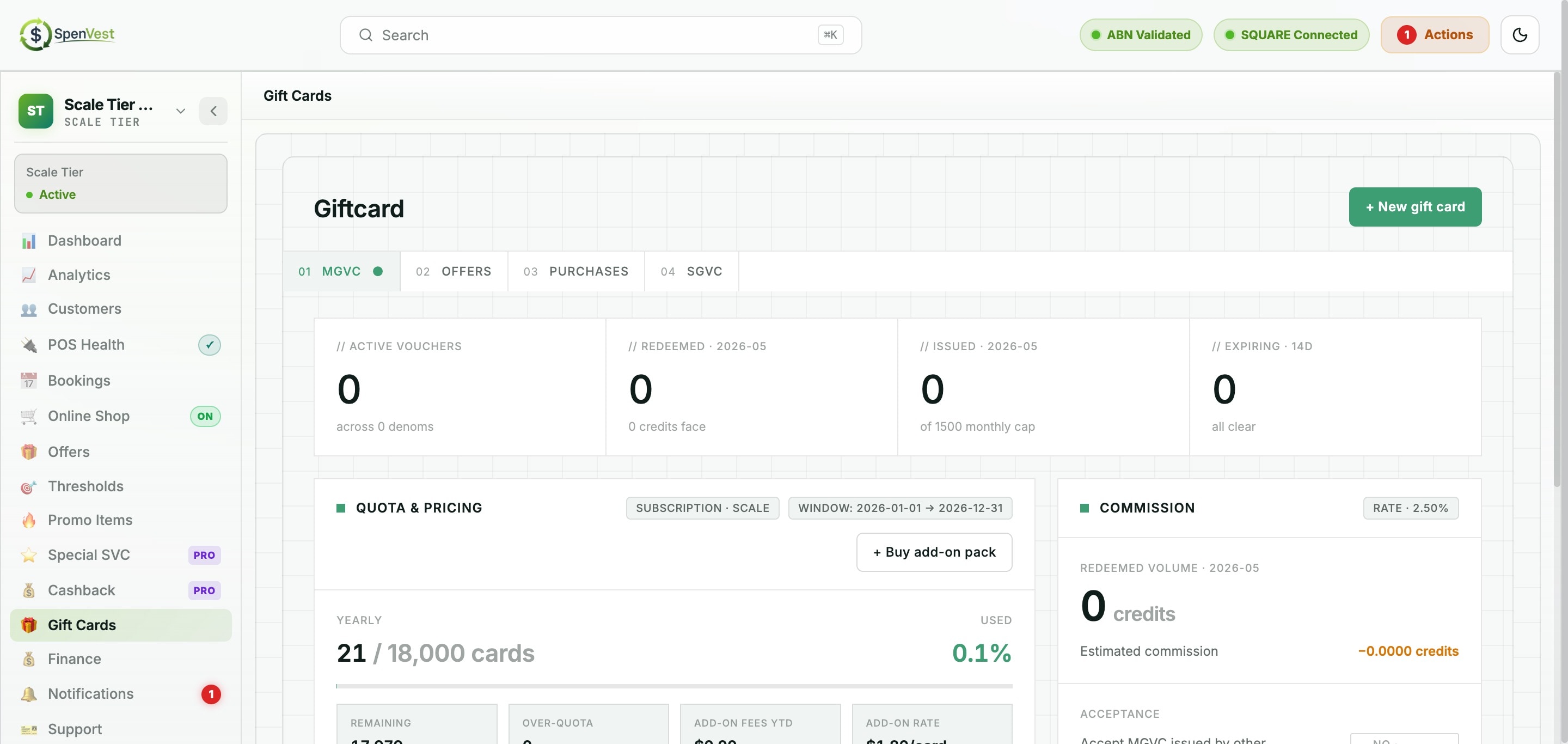 MGVC Gift Cards view showing quota usage, denominations, and creation form