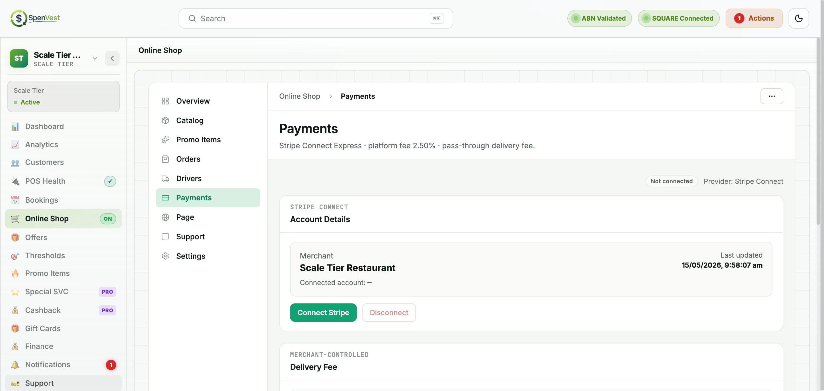 Payments connection page showing Stripe Connect-style onboarding and delivery fee configuration