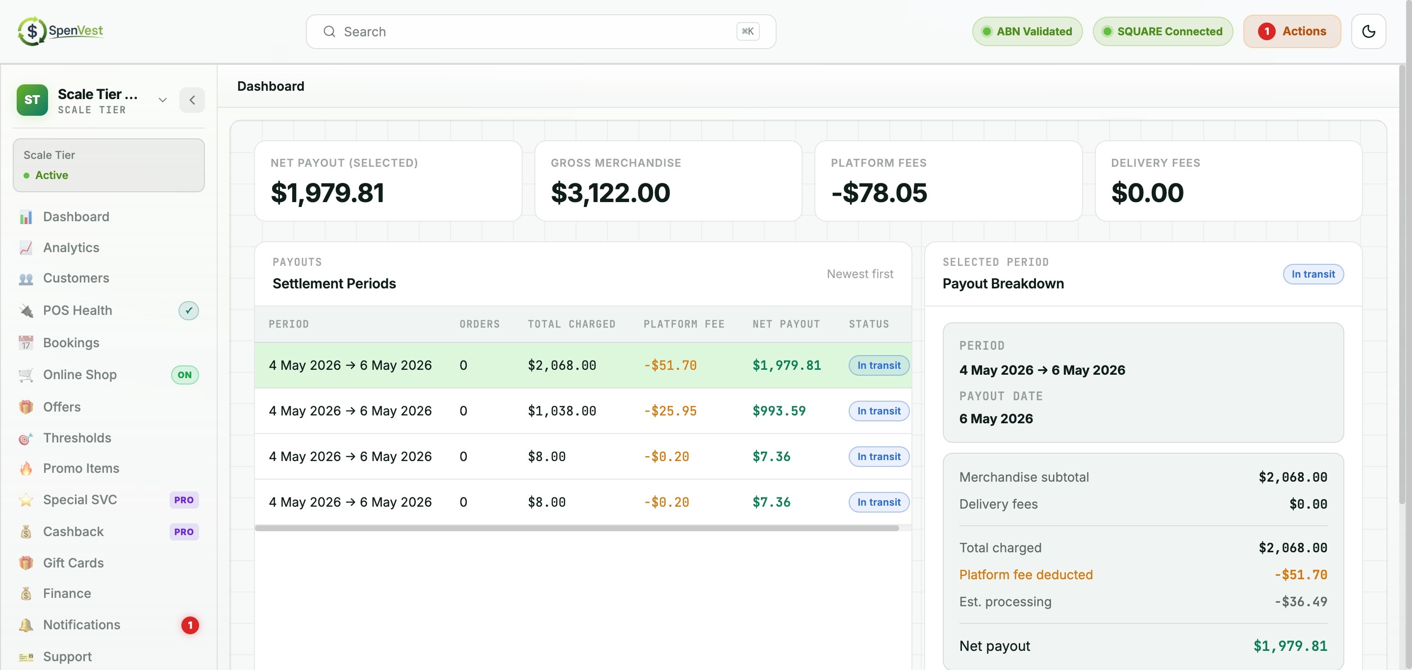 Payout records showing weekly disbursements with fees and net amounts