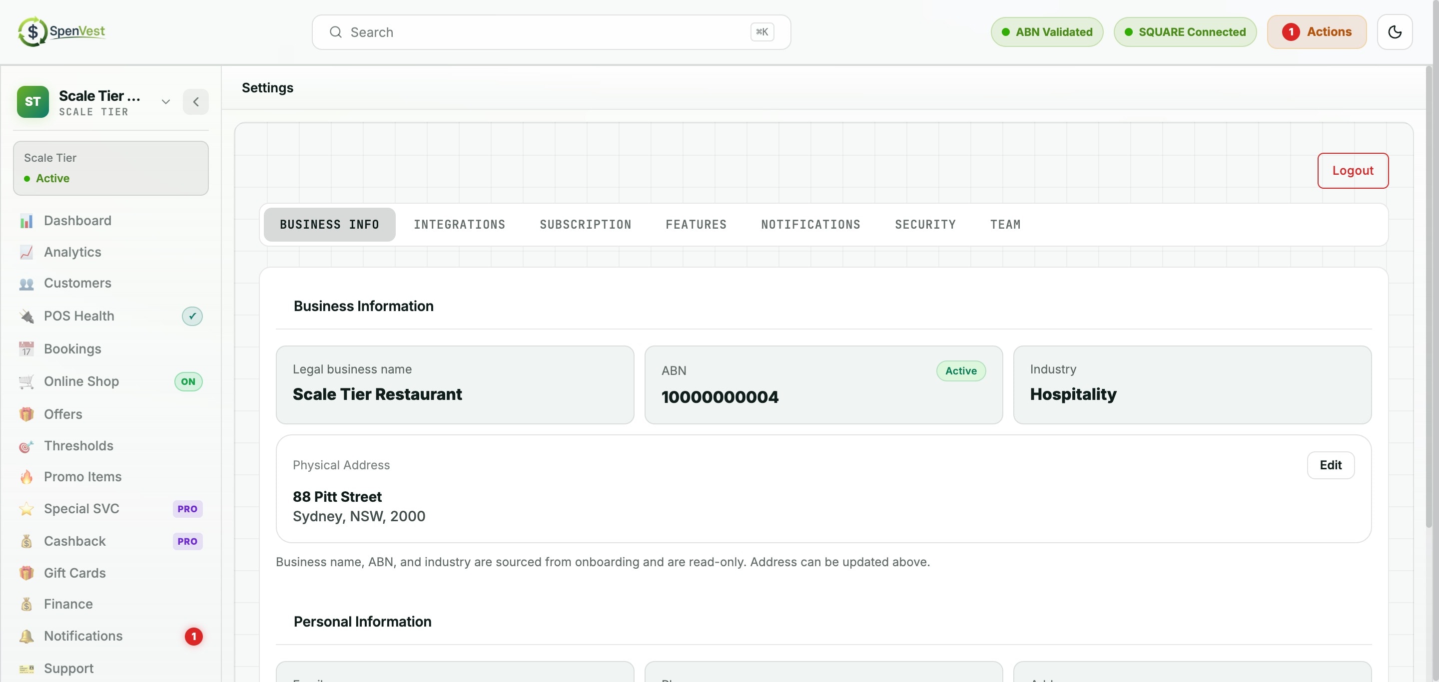 Settings page with account configuration, notifications, and compliance options